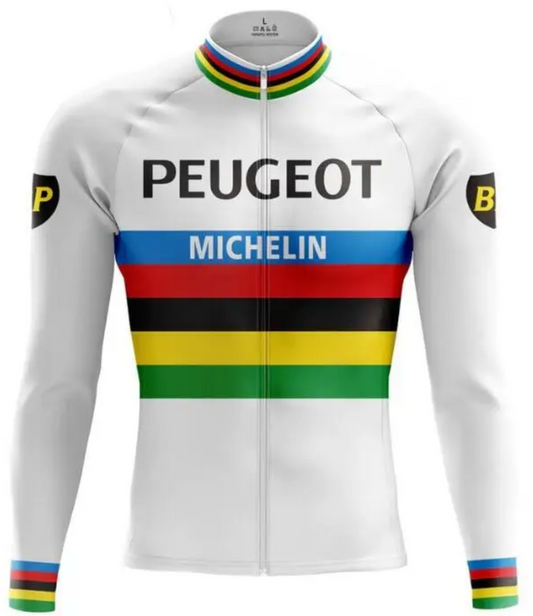 Maillot Classique Vintage Peugeot Michelin BP Champion du Monde Manches Longues Doublé - Vintage Cycling
